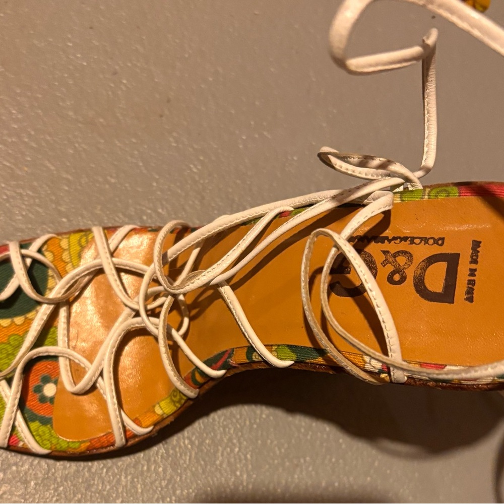 D&G Floral Multicolor Wedge Sandals with White Straps